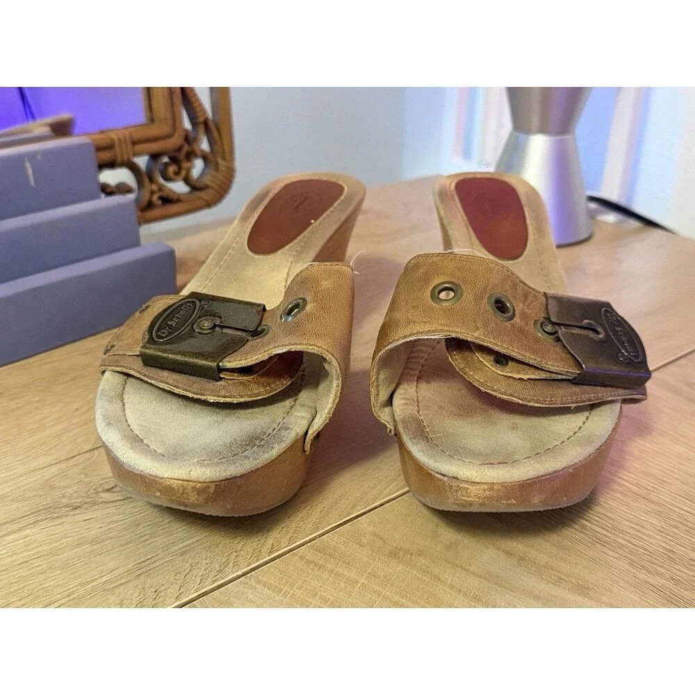 Dr Scholl’s The Original Big Buc Wooden Wedge Heel Vintage Tan Leather Size 9